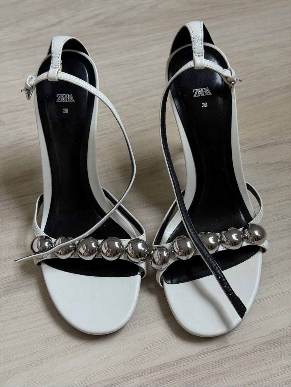 Zara White Leather Ankle-Strap Sandals with Silver Bead Detail